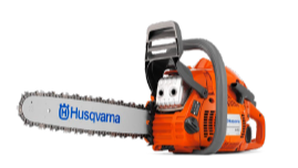 Sierra eléctrica Husqvarna con patrón de color naranja y negro.