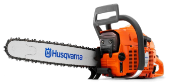 Sierra eléctrica de la marca Husqvarna de color naranja y negra