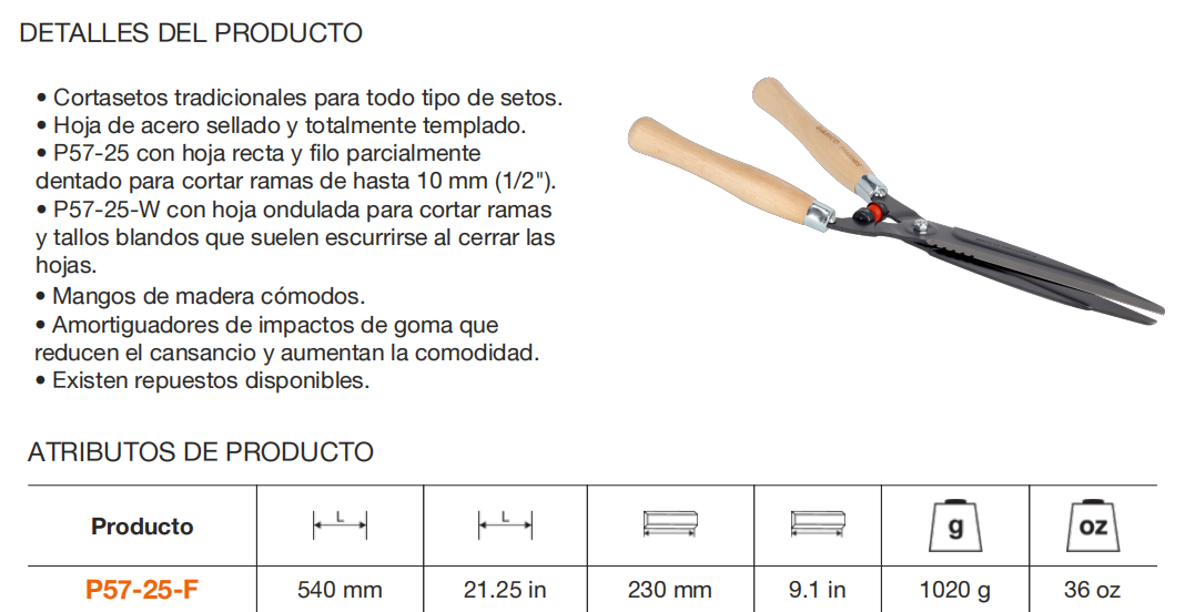 Imagen de un par de tijeras de podar con mangos de madera y hojas de metal, junto a una tabla con especificaciones y atributos del producto.
