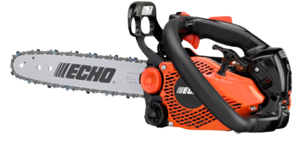 Sierra de cadena de marca Echo con mango y motor negro y naranja