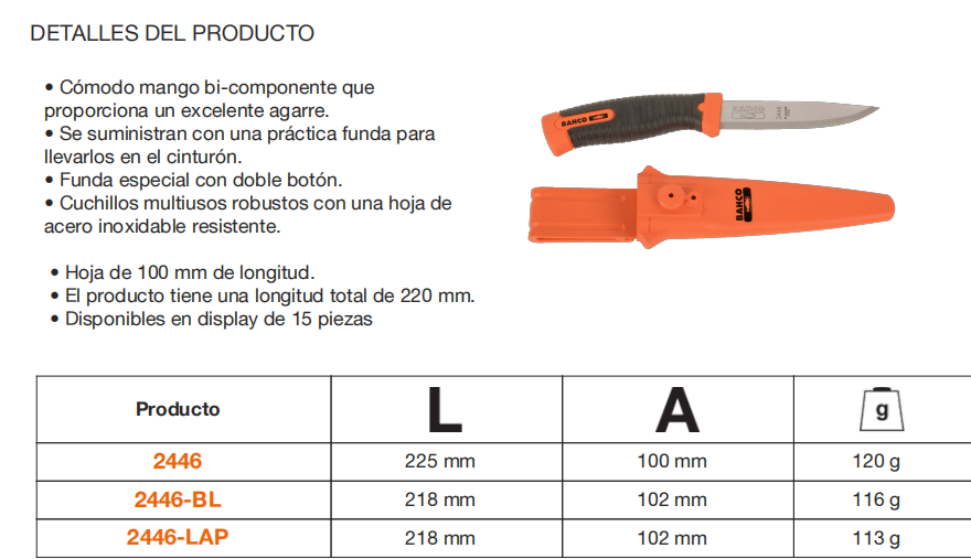Instrucciones en español para un producto que incluye un cuchillo con funda, con detalles sobre sus dimensiones, características y disponibilidad en display de 15 piezas.