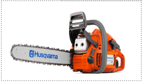 Motores cortacésped Husqvarna con cadena de sierra naranja y hélice gris