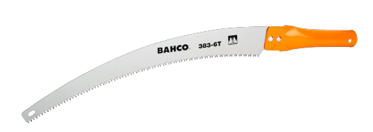 Sierra de arco con mango naranja y hoja plateada