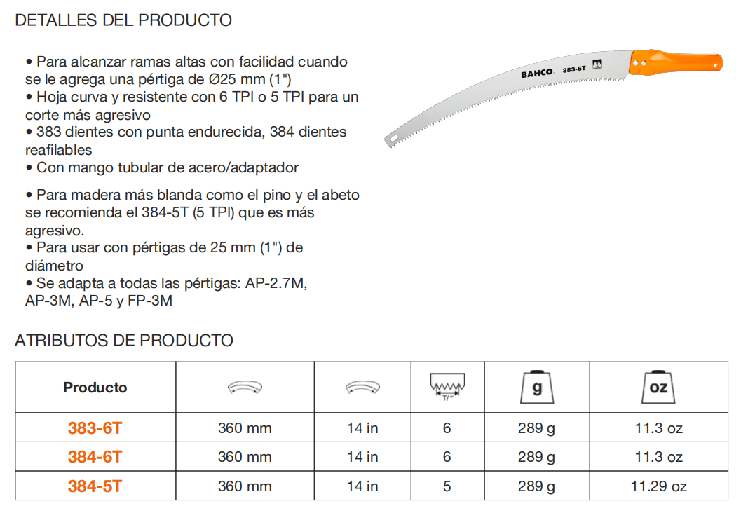 Imagen de una hoja con detalles y atributos de una sierra de mano Bahco, incluyendo especificaciones técnicas y medidas.