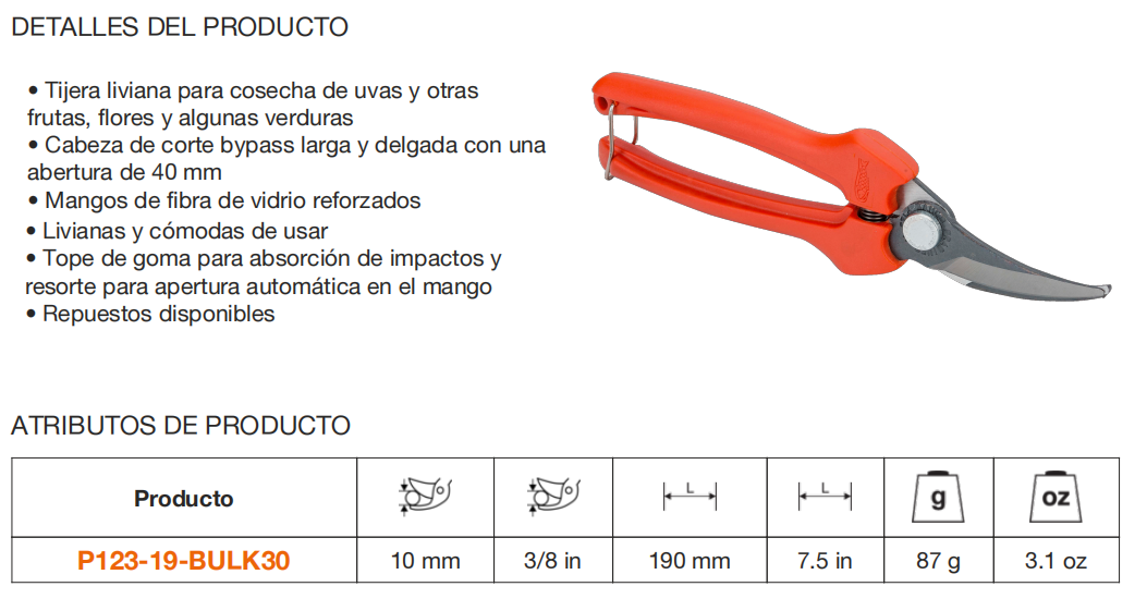 Detalles del producto: una tijera liviana para cosechar uvas, frutas, flores y verduras, con mango de fibra reforzada, cabeza de corte larga y delgada con apertura de 40 mm, y más especificaciones técnicas.