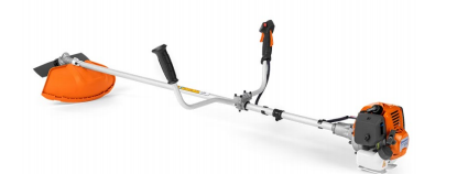 Sopladora de gasolina de mano con motor y tubo de escape en color naranja y gris.