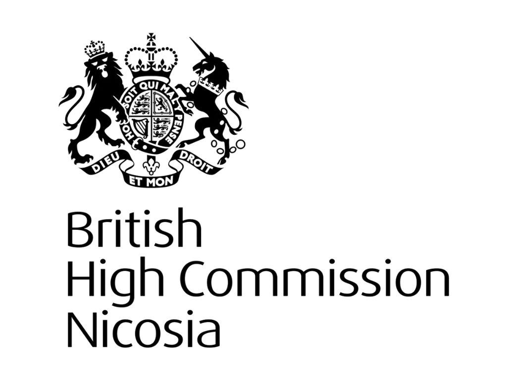 British High Commission Nicosia logo. A unicorn and lion surround an emblem with a crown on top of it. A ribbon reading 'dieu et mon broit' is below it, with the organisation name below.