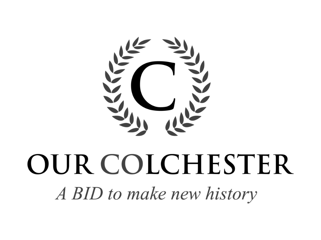 Colchester BID logo, a 'C' is encircled by vine leaves with 'a BID to make new history' written in italics underneath