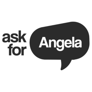 Ask for Angela logo in black on a white background
