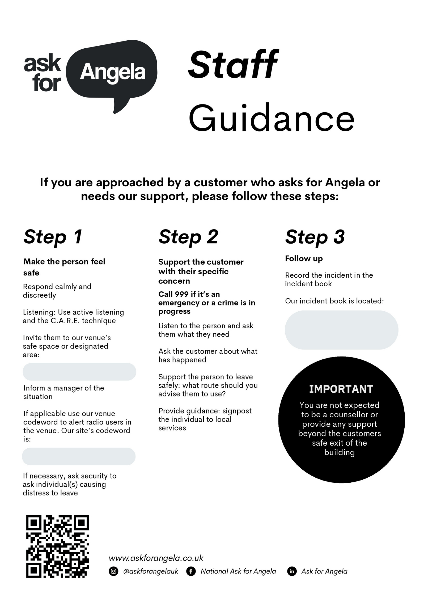 Ask for Angela Printed Staff Guidance Poster
