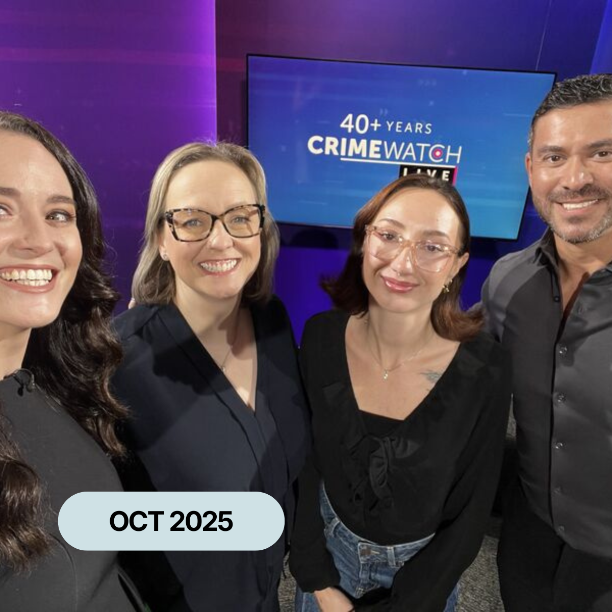 Sylvia Oates, Director of Angela for Angela and Hollie, Angela's daughter in the BBC Crimewatch Studio with the presenters
