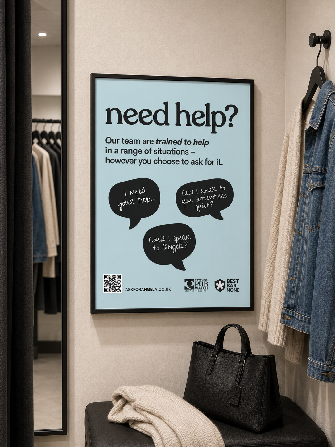 Blue Ask for Angela customer facing poster in a changing room