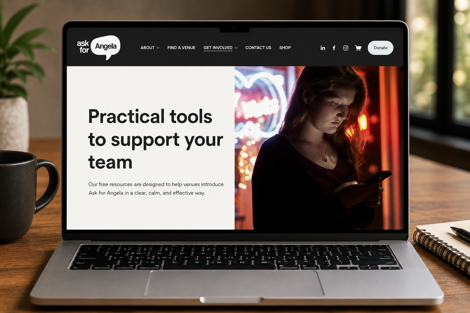 'Get Involved' webpage from askforangela.co.uk displayed on a laptop screen