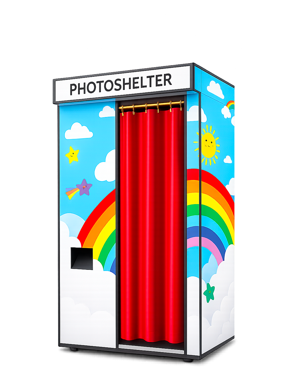 Cabine photo portable décorée de nuages, arc-en-ciel, soleil souriant, étoiles, arc-en-ciel, arc-en-ciel, et rideau rouge à l'intérieur. Le panneau en haut indique "PHOTOSHELTER".