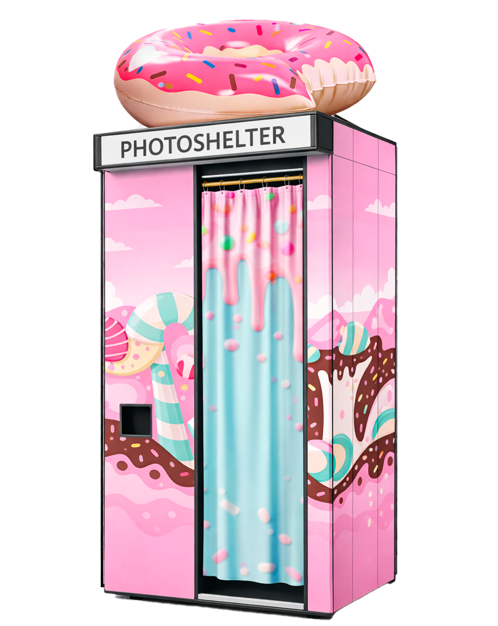 Cabine photo colorée décorée de thèmes de bonbons et desserts, avec un gros donut gonflable au sommet et un rideau à motifs de confettis, étiquetée 'PHOTOSHELTER'.