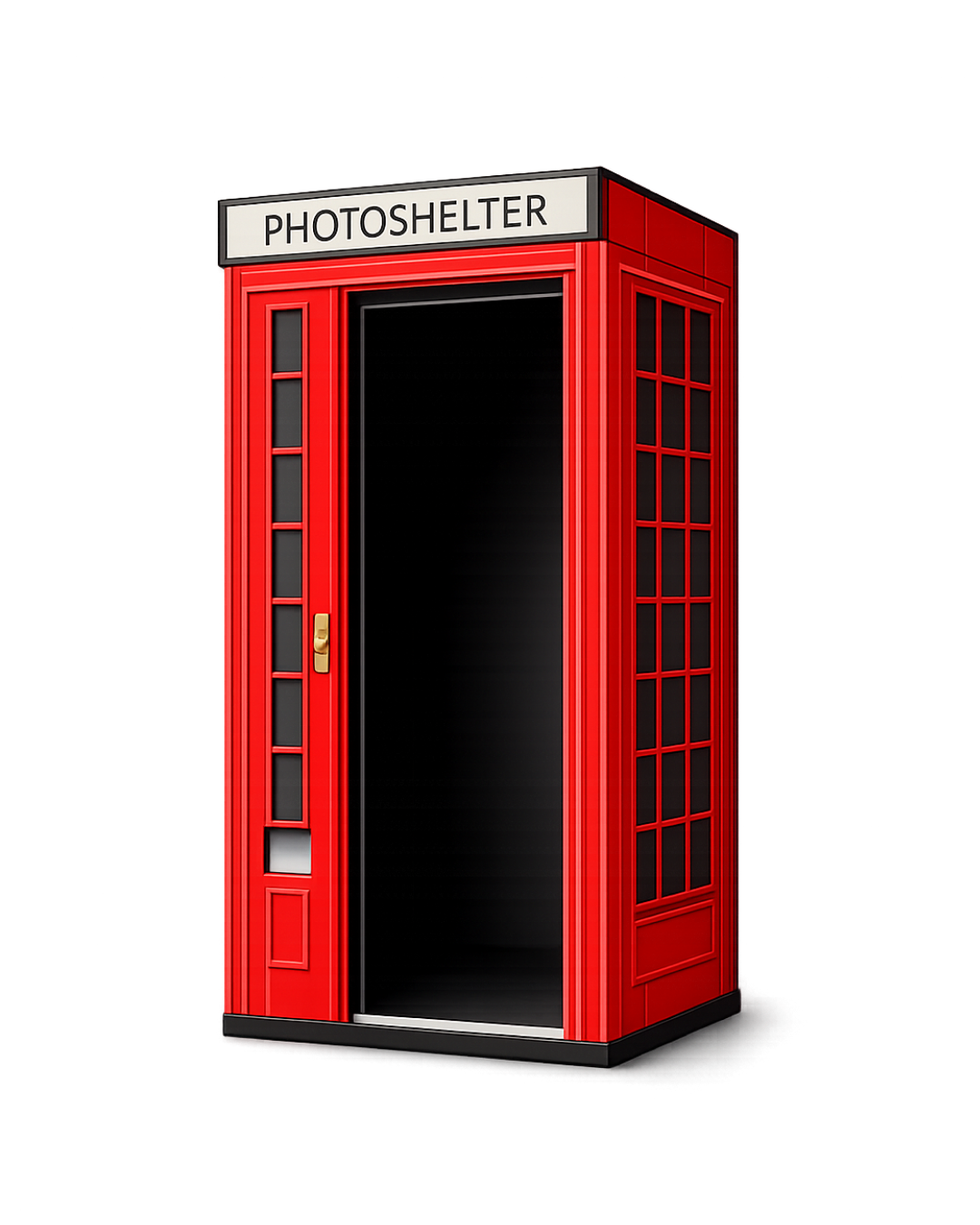 cabinet de photomaton avec un panneau indiquant 'PHOTOSHELTER', étagères avec tomates, citrons, carottes et autres légumes.