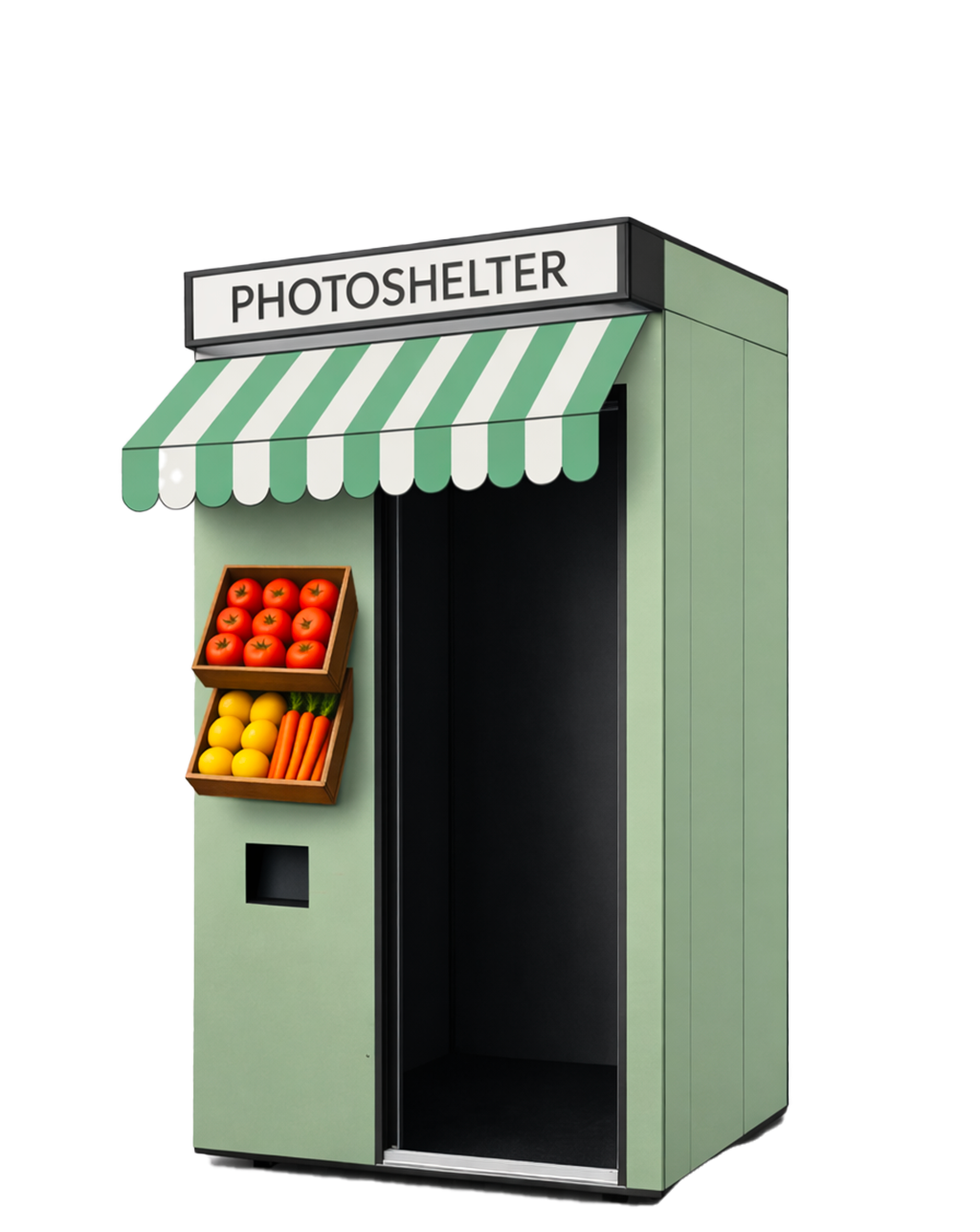 cabinet de photomaton avec un panneau indiquant 'PHOTOSHELTER', étagères avec tomates, citrons, carottes et autres légumes.