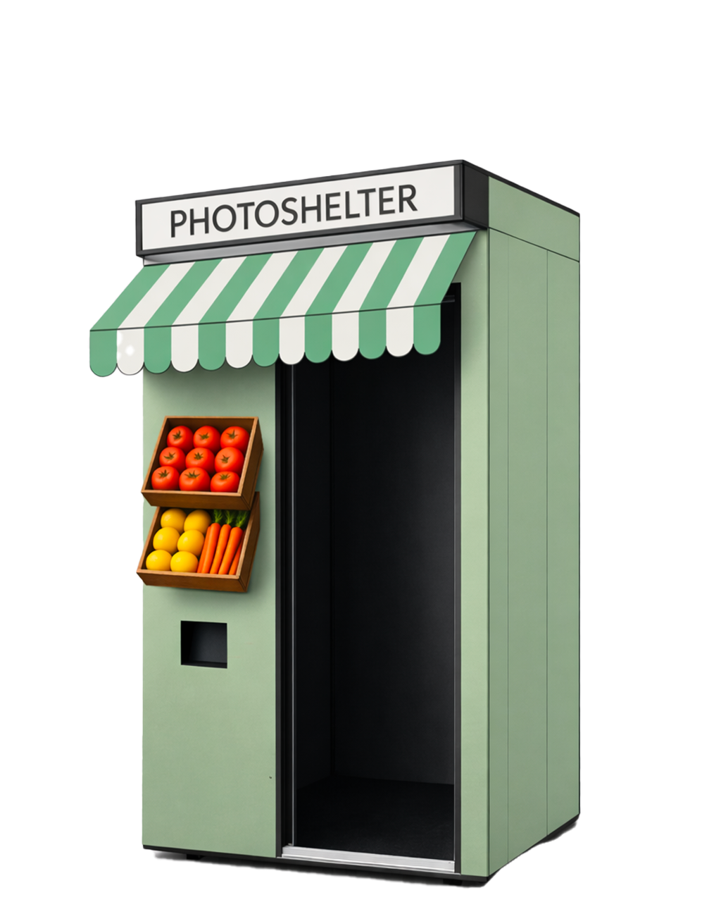 Un photomaton vert avec un panneau indiquant 'PHOTOSHELTER' et des paniers de fruits et légumes suspendus contenant des tomates, des citrons, des carottes et des poivrons.