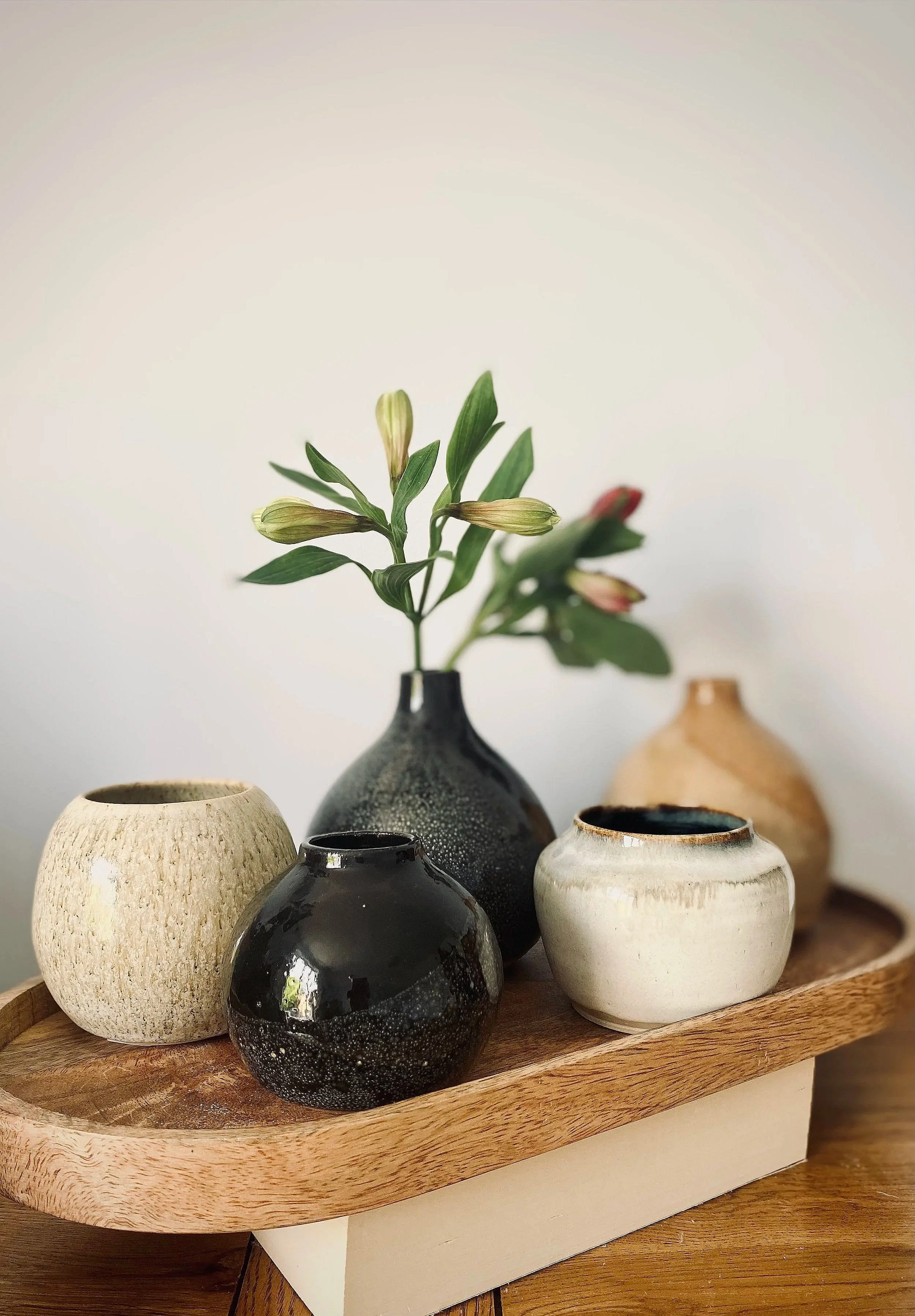 A wooden tray holding six ceramic vases of various colors and textures, with a small plant with green leaves and unopened buds inside the tallest black vase.