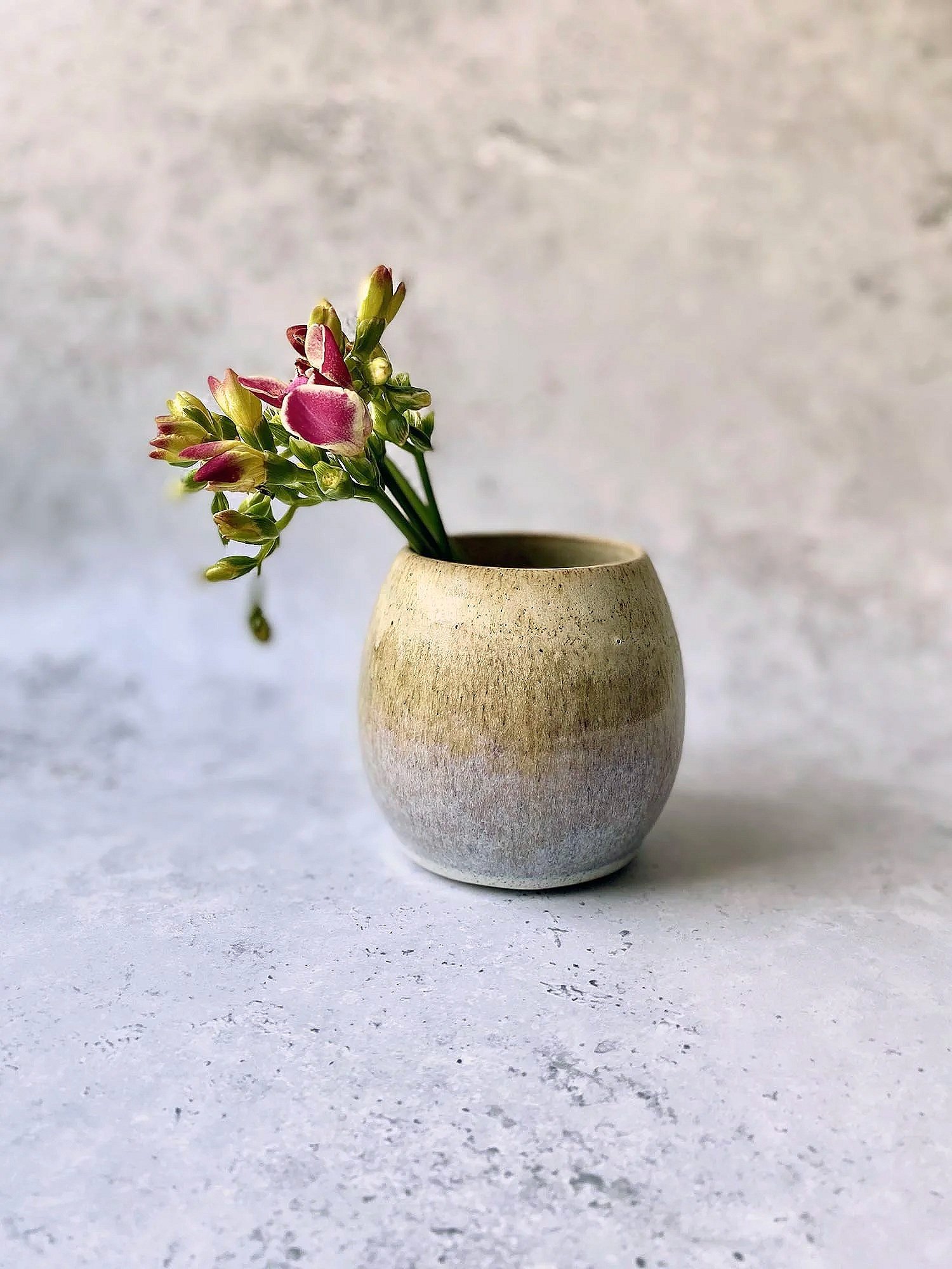 A small bouquet of pink and white flowers in a beige ceramic vase, set against a lightly textured beige background.