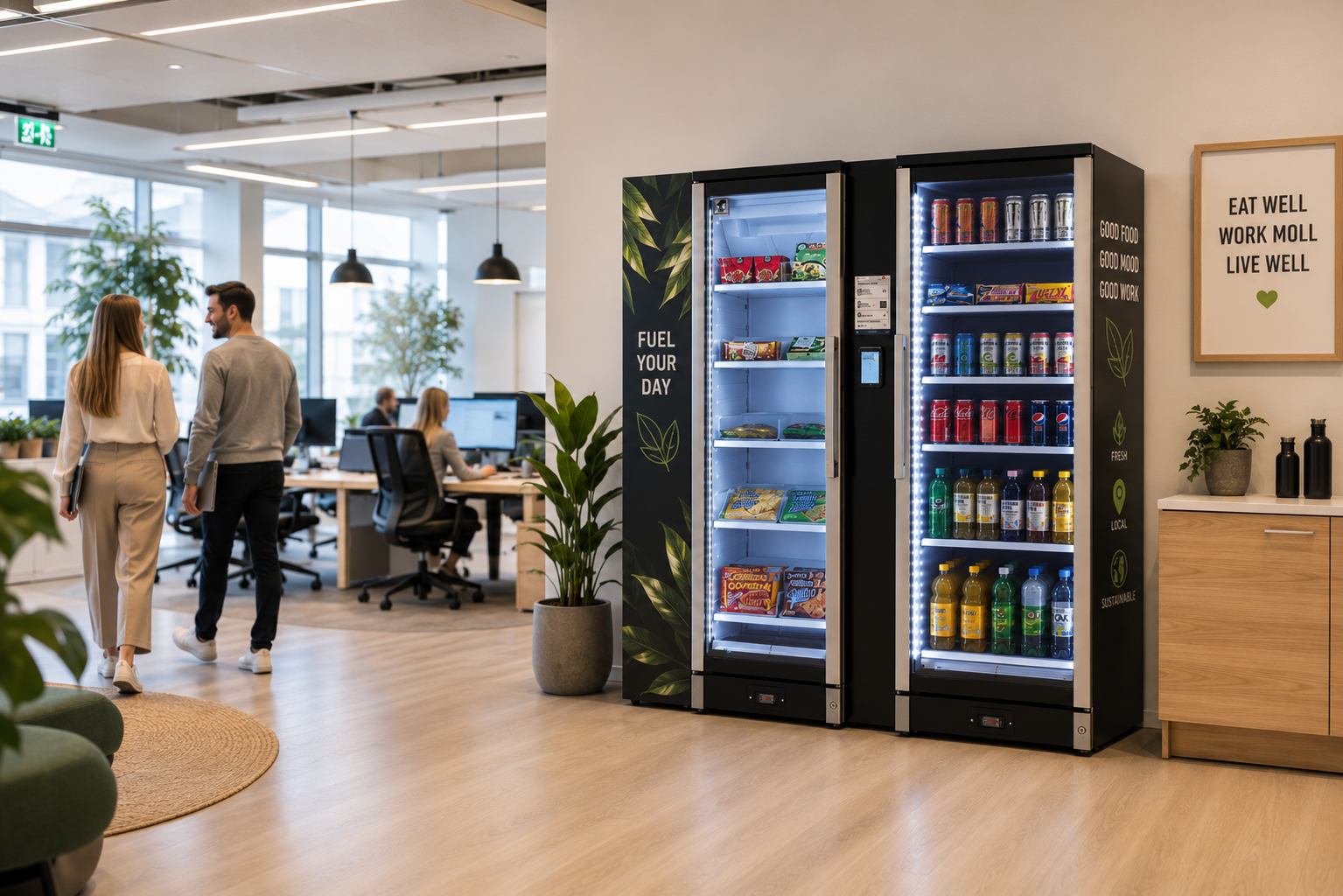 Office break room with vending machines, plants, and employees working at desks in the background.