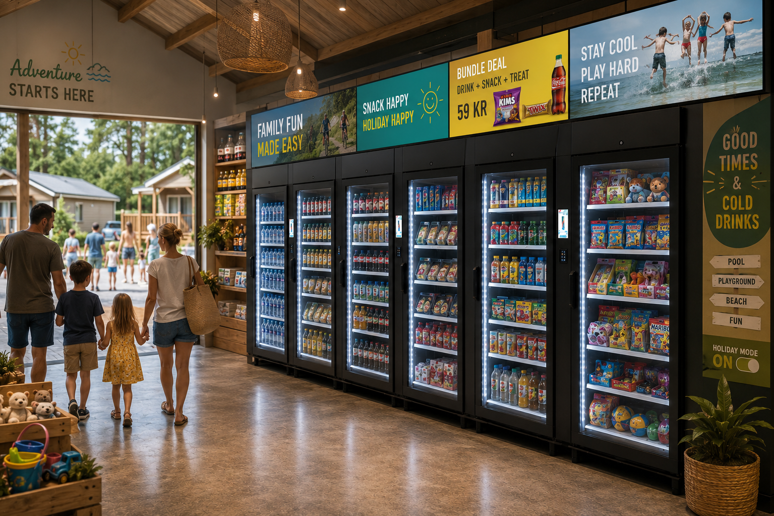 Vending machines filled with drinks and snacks inside a store with a family of four walking towards an outdoor area.