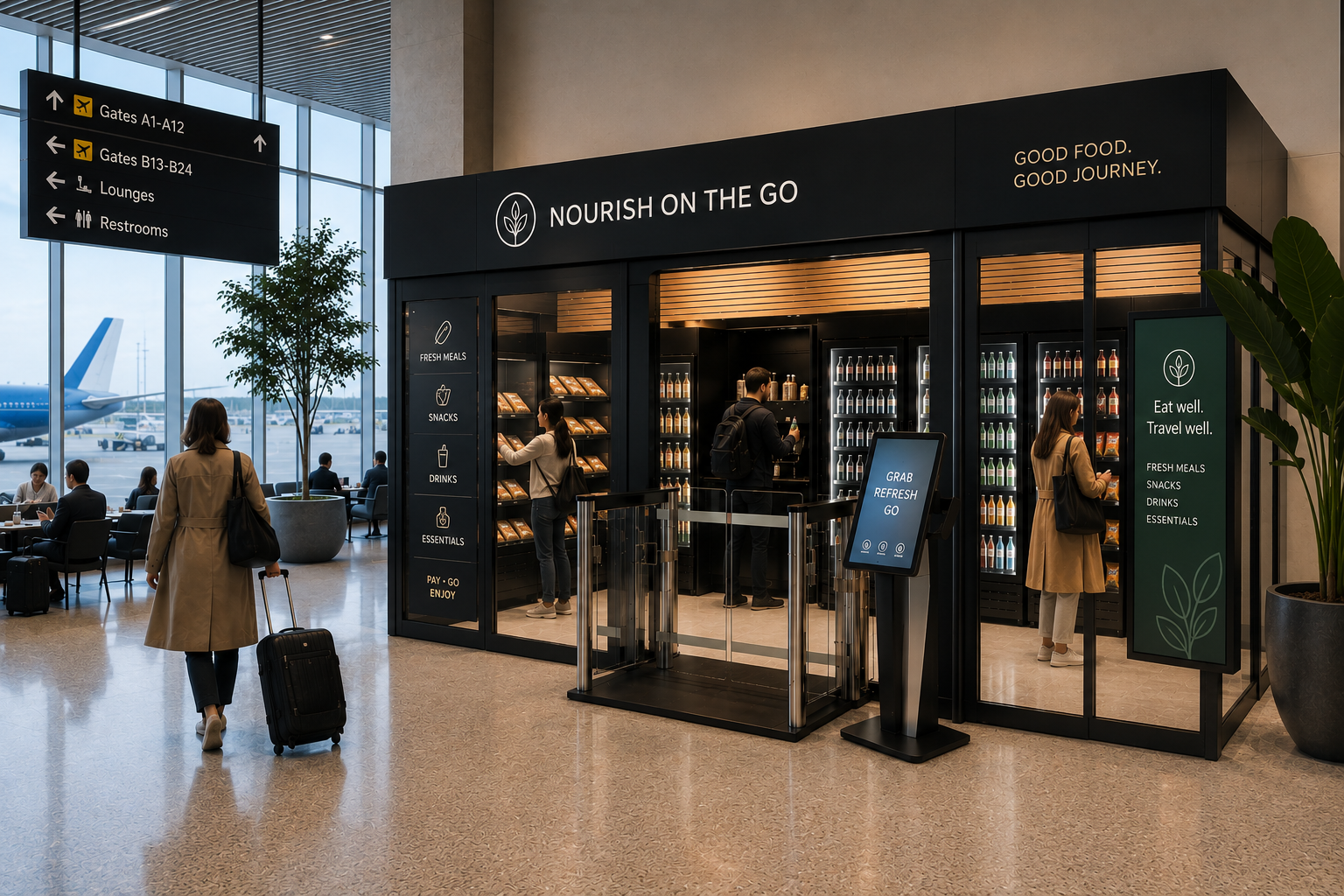 Airport terminal with a black kiosk called Nourish on the Go selling snacks, drinks, and essentials, with passengers waiting and walking nearby, and aircraft visible through large windows.