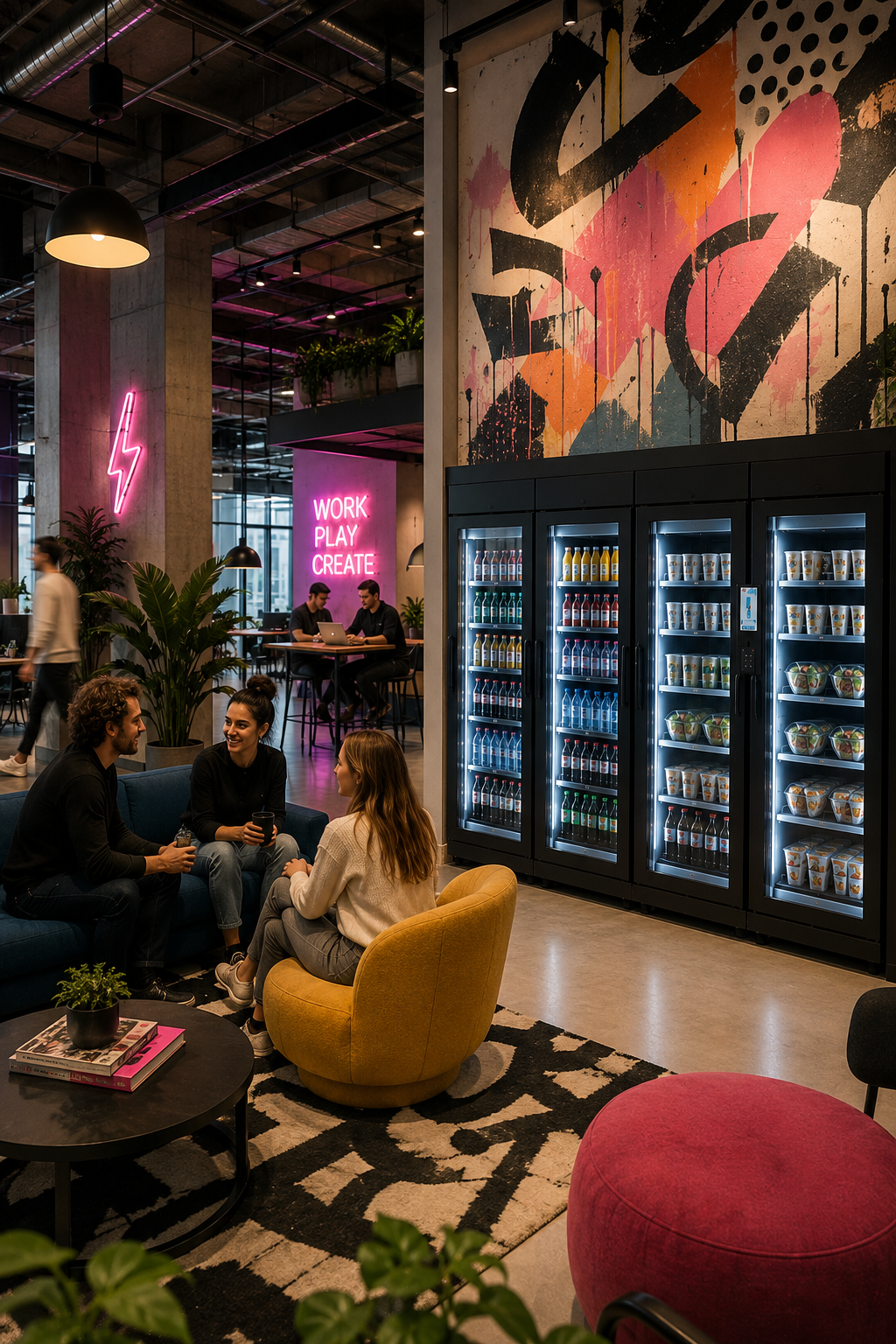 A modern office lounge area with three people sitting and talking on a sofa and armchair, vending machines in the background, colorful graffiti wall, neon signs with lightning bolt and motivational words, and indoor plants.