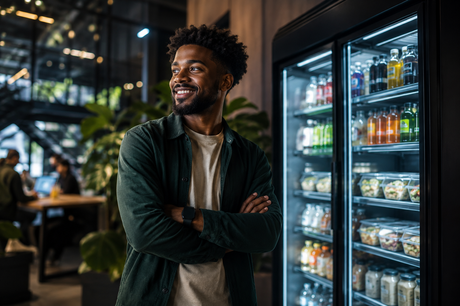 Man smiling and standing near a MAIKOZ Grab & Go Smart Fridge with drinks and salads inside, in a modern cafe or grocery store.