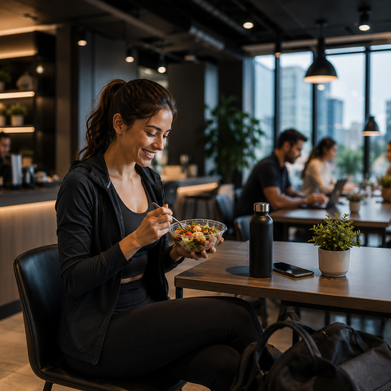 Woman smiling while eating a salad in a modern, well-lit cafe with large windows.