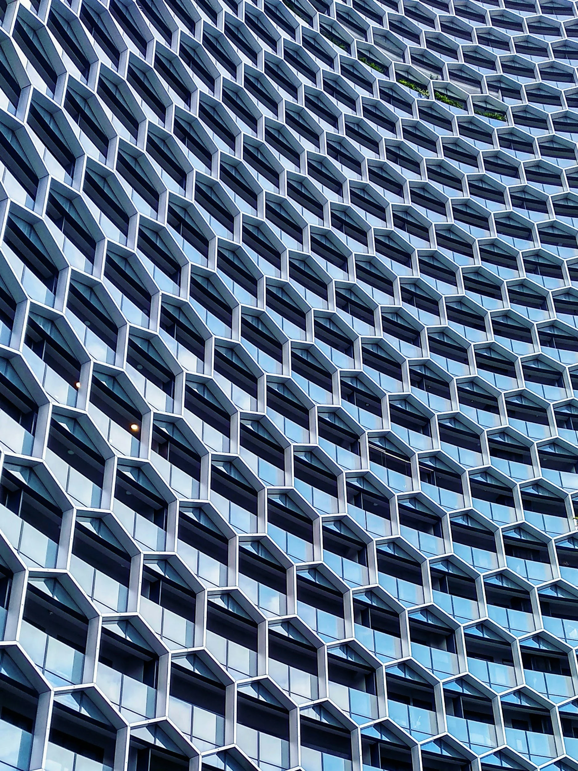 Close-up of a modern building's facade, featuring a repeating pattern of protruding hexagonal windows with reflective glass, with a small patch of greenery near the top.