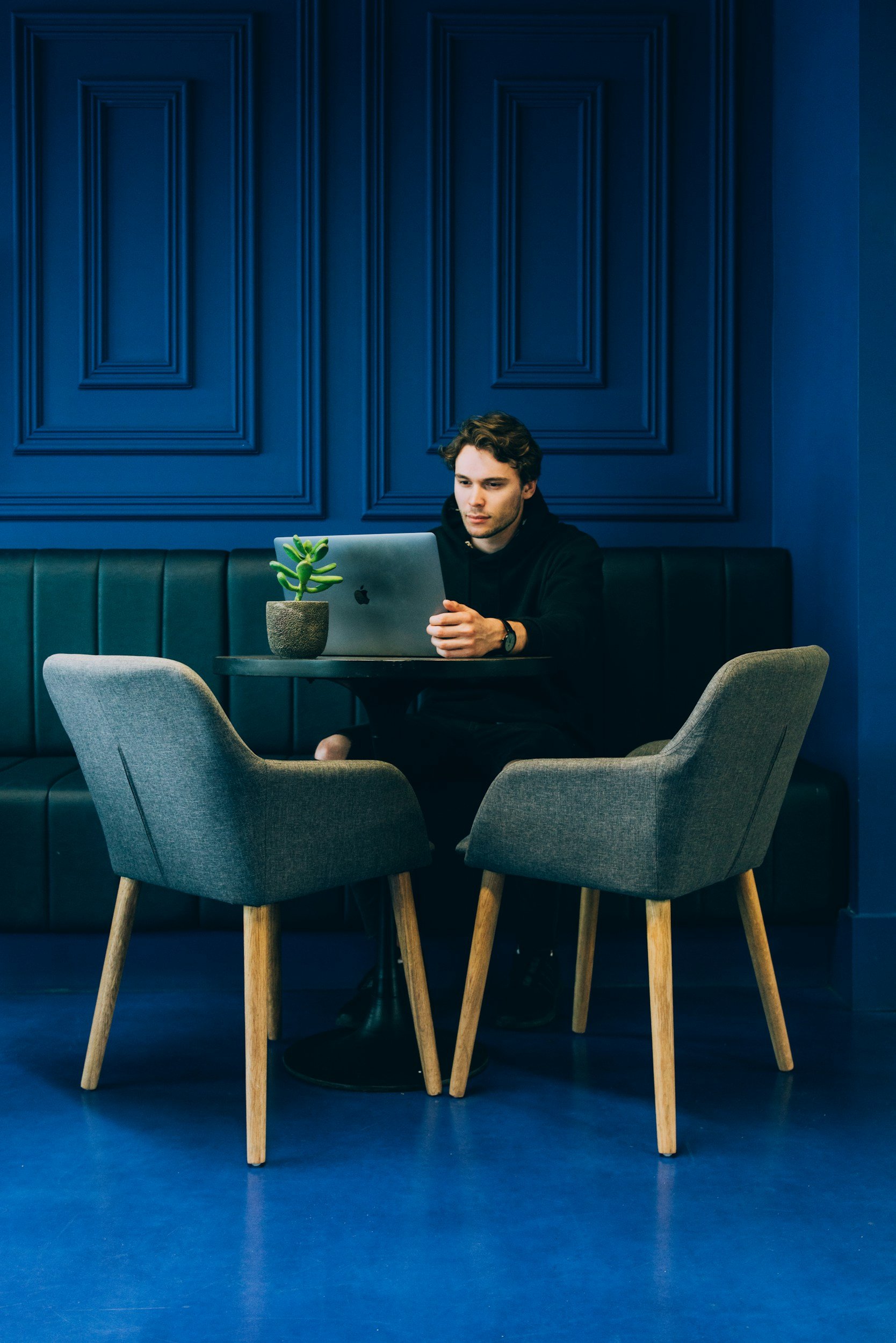 A young man with brown hair wearing a black hoodie is sitting at a round table, looking at a silver laptop. There are four gray upholstered chairs with wooden legs around the table. A small potted succulent plant is on the table. The background features a deep blue paneled wall.