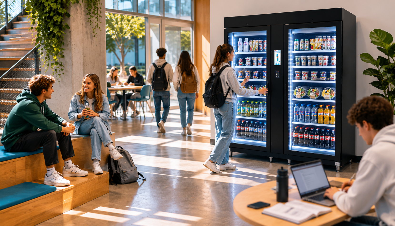 Students in a modern lounge area, some sitting and chatting, others walking towards vending machines, with large windows and natural light.