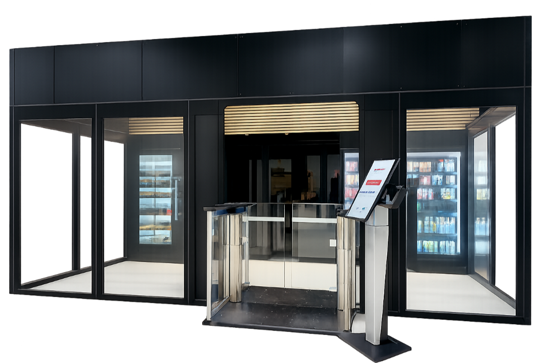 Vending machine kiosk with a touchscreen and turnstile in front, located in a modern setting.