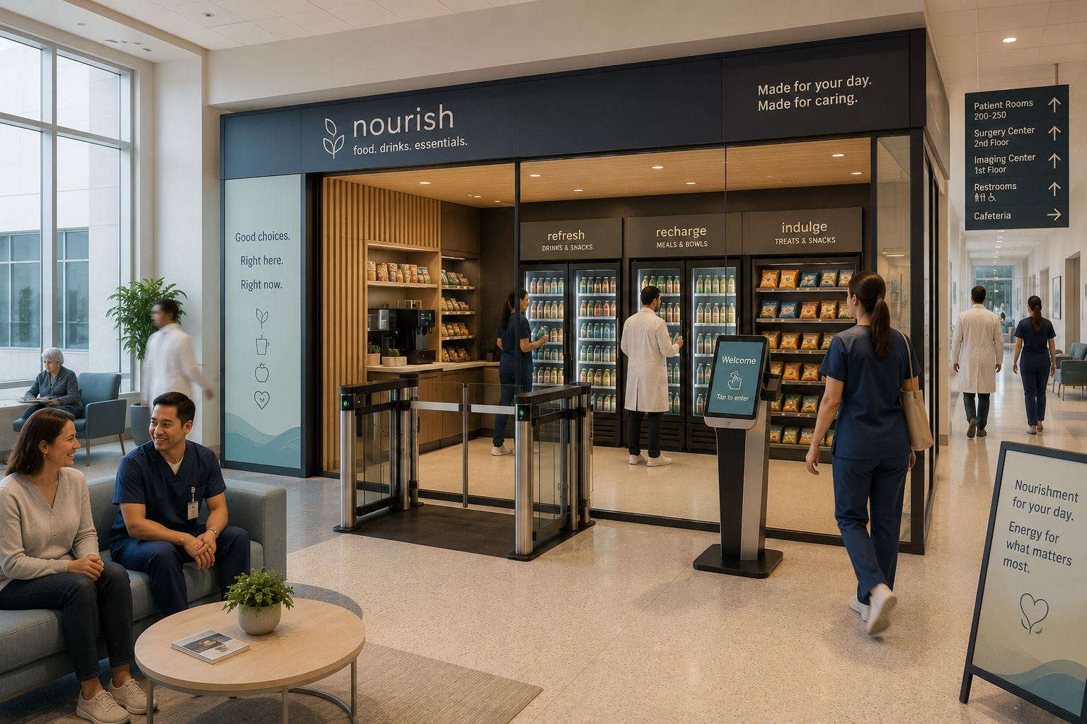 A hospital cafeteria with a sign that says 'nourish' offering food, drinks, and essentials. There are refrigerators with drinks, shelves with snacks, and people in medical uniforms. Two people are sitting and talking on a couch, while others are walk