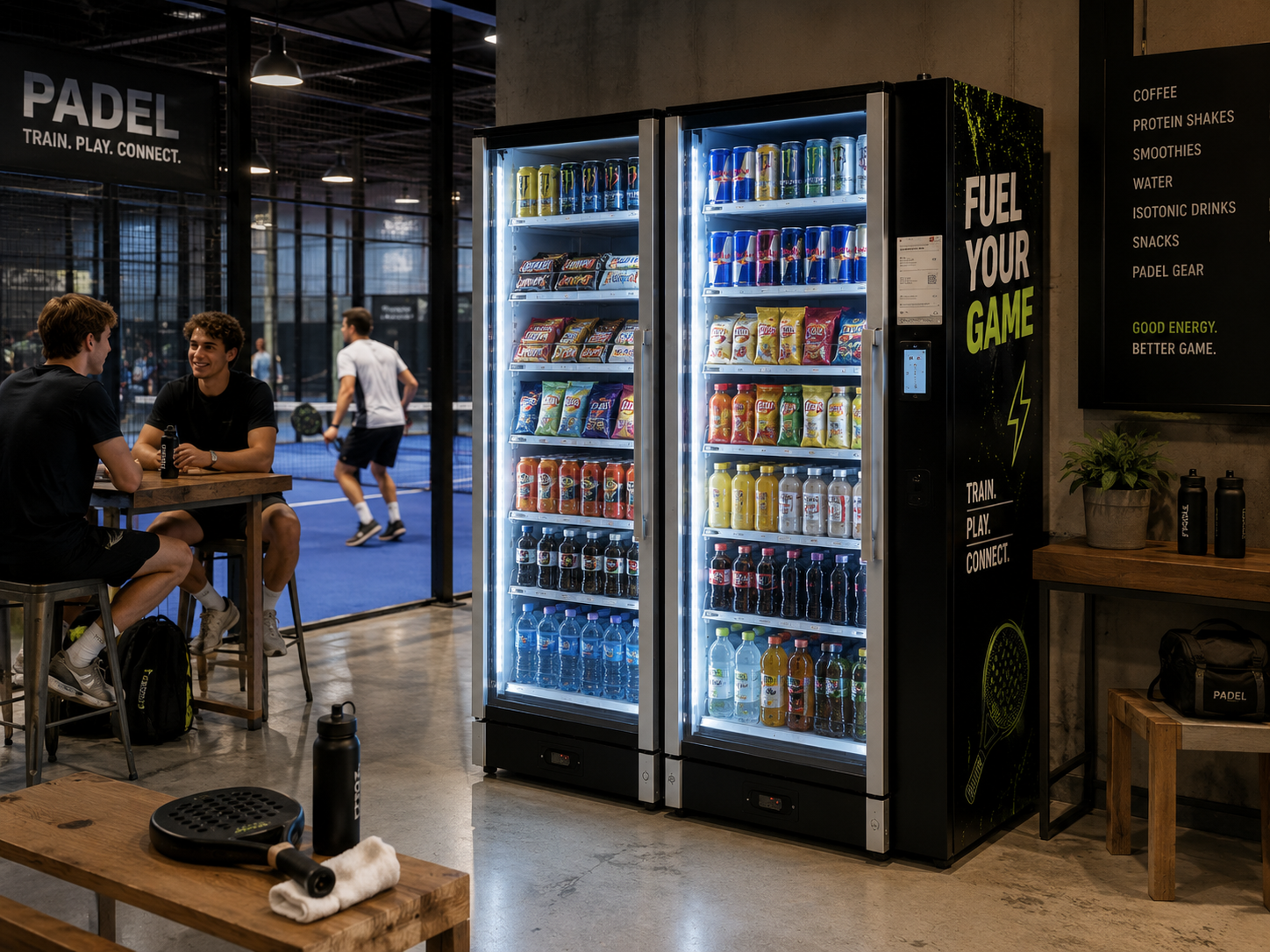 Vending machine filled with drinks and snacks at an indoor sports facility. Two young men seated at a table talking, with a padel tennis court and players in background.