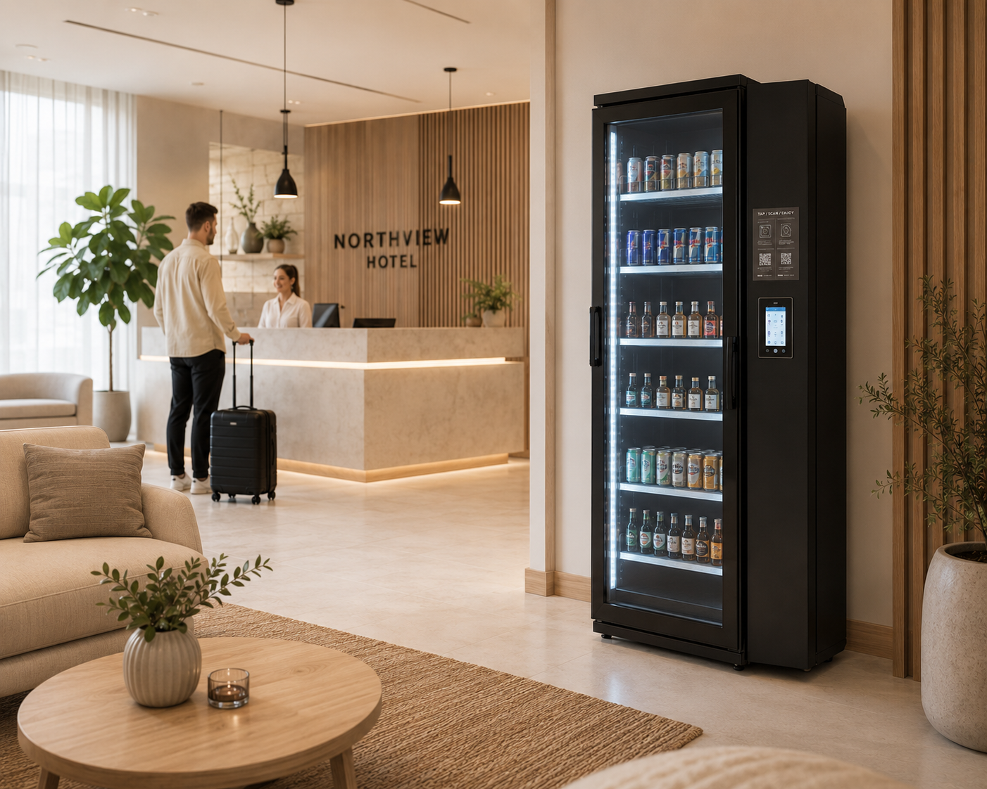 Hotel lobby with a reception desk, a man with a suitcase talking to a receptionist, and a vending machine with drinks on the right side.
