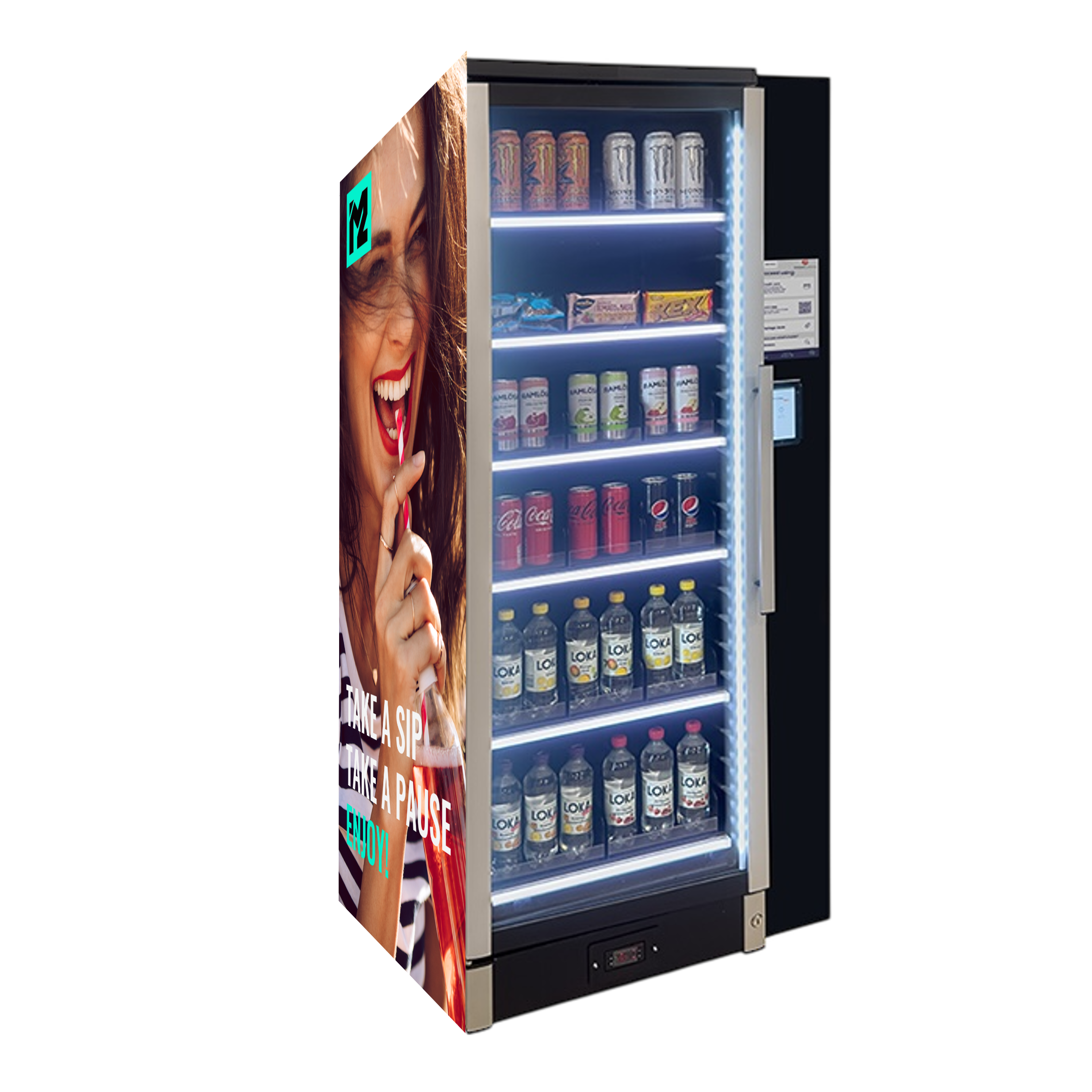 A vending machine with drinks and snacks, featuring a large side panel with an image of a woman smiling and drinking, along with the text 'Take a sip, Take a pause, Enjoy!'