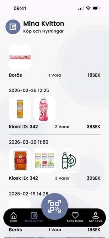 Screenshot of a mobile app showing a shopping list for Mina Kvitton, including items purchased at Borås store, with details such as dates, times, kiosk ID 342, and prices in SEK.