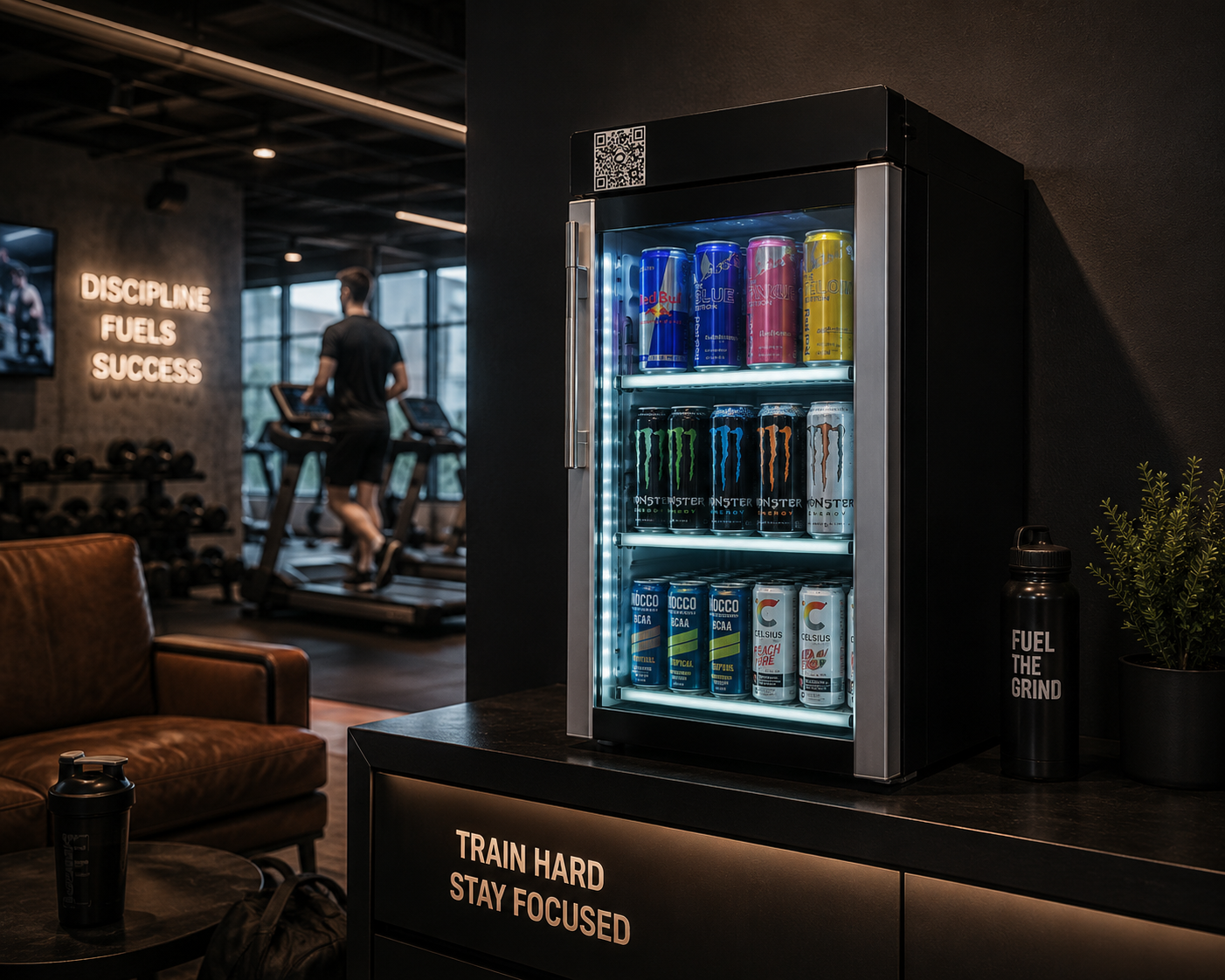 A refrigerator with energy drink cans inside, located in a gym, with a man running on a treadmill in the background and motivational signs on the wall.
