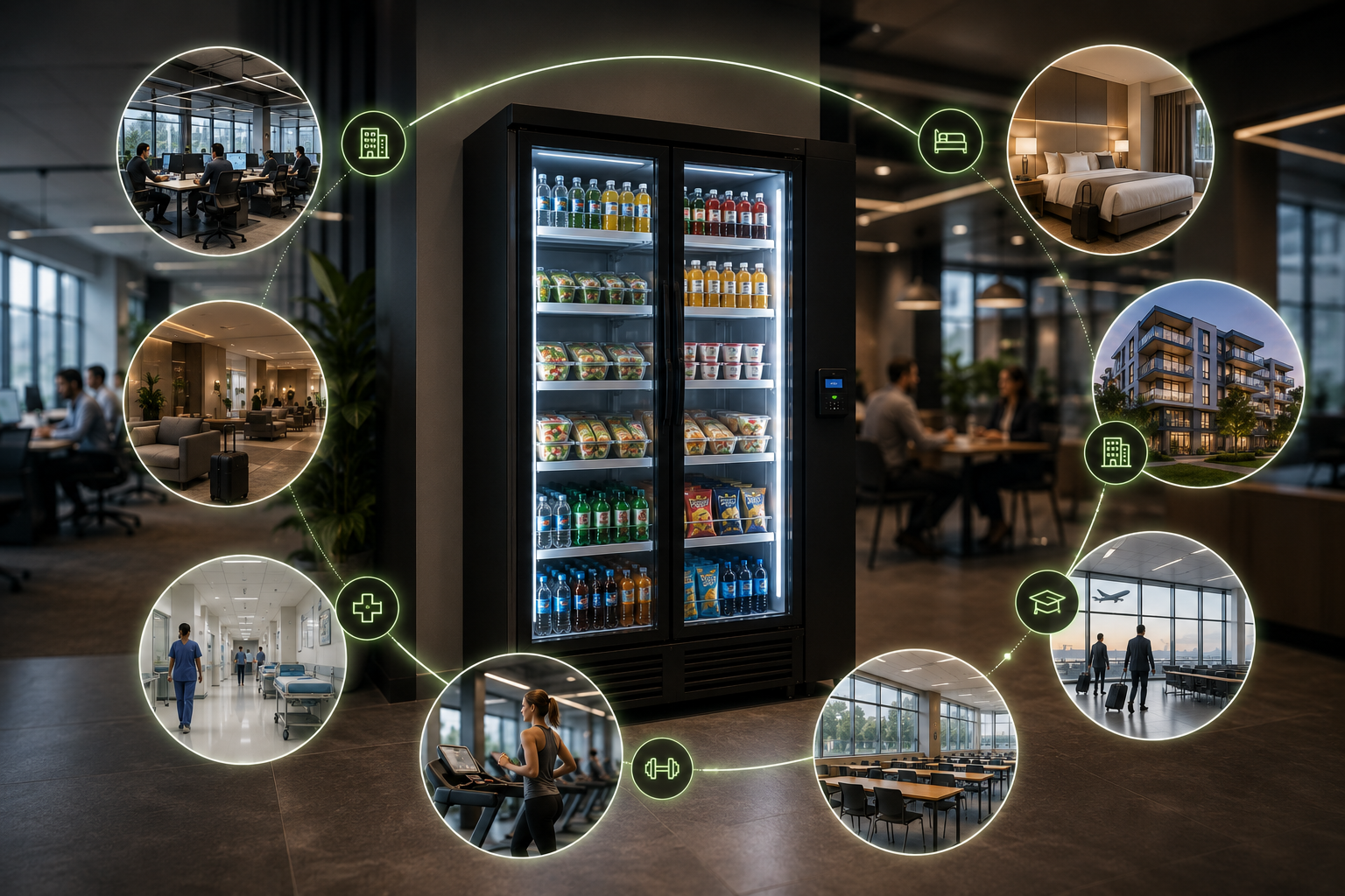 A MAIKOZ Grab & Go Smart Fridge in an airport lounge with connected images of business meeting rooms, hotel room, apartment building, hospital corridor, woman running on treadmill, classroom, and airplane taking off.