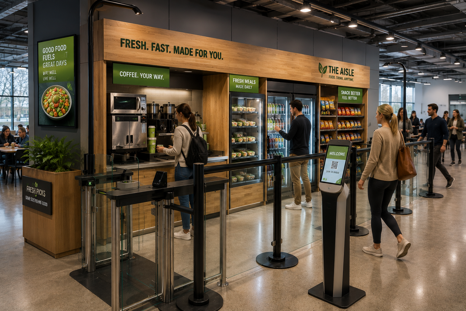 A fast-food style cafe within a busy indoor setting, with a small counter and green signs offering coffee, fresh meals, and snacks. Customers are ordering at the counter and waiting in line, with seating visible in the background.