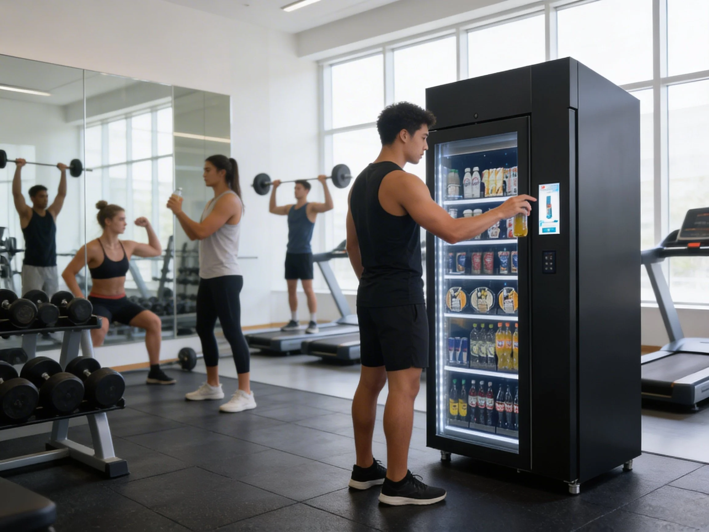 A group of people in a gym, some lifting weights in front of a large mirror, and one person choosing a drink from a vending machine.