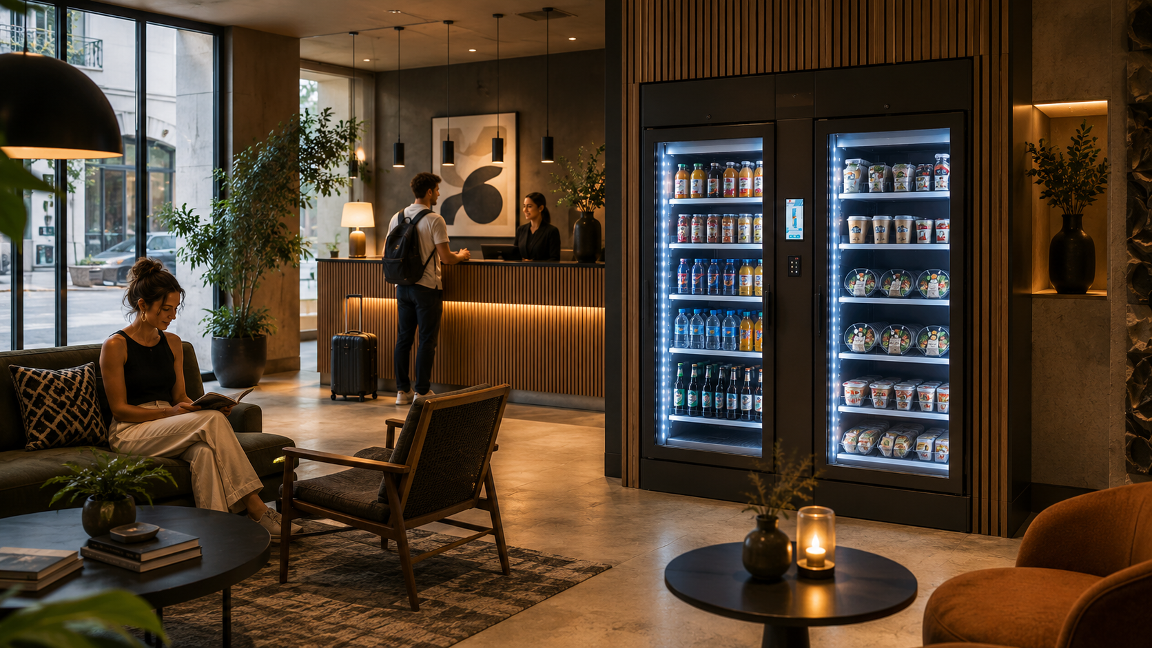 A hotel lobby with a reception desk, two vending machines filled with drinks, a woman sitting on a sofa reading, and a man with a backpack checking in at the counter.