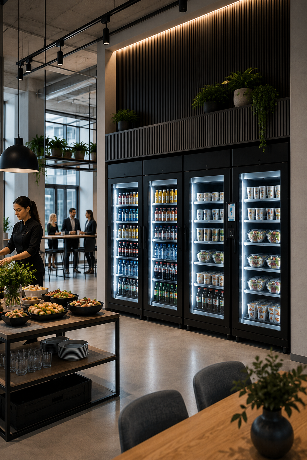 Vending machines stocked with drinks and food in a modern office cafeteria. A woman is preparing food in the foreground, while a group of people are talking at a table in the background.