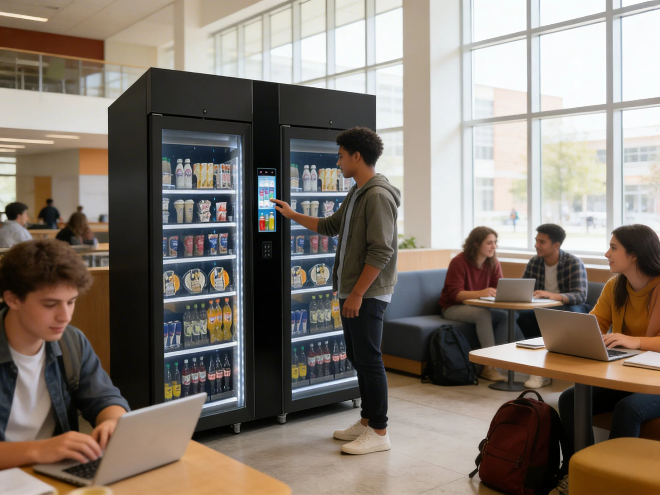 A young man using a vending machine with a touchscreen interface in a modern cafe or study area, surrounded by other students working on laptops.