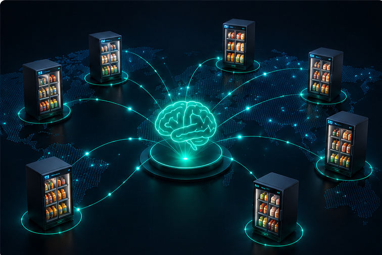 Illustration of a digital brain connected to multiple vending machines worldwide through network lines, representing artificial intelligence and global vending automation.