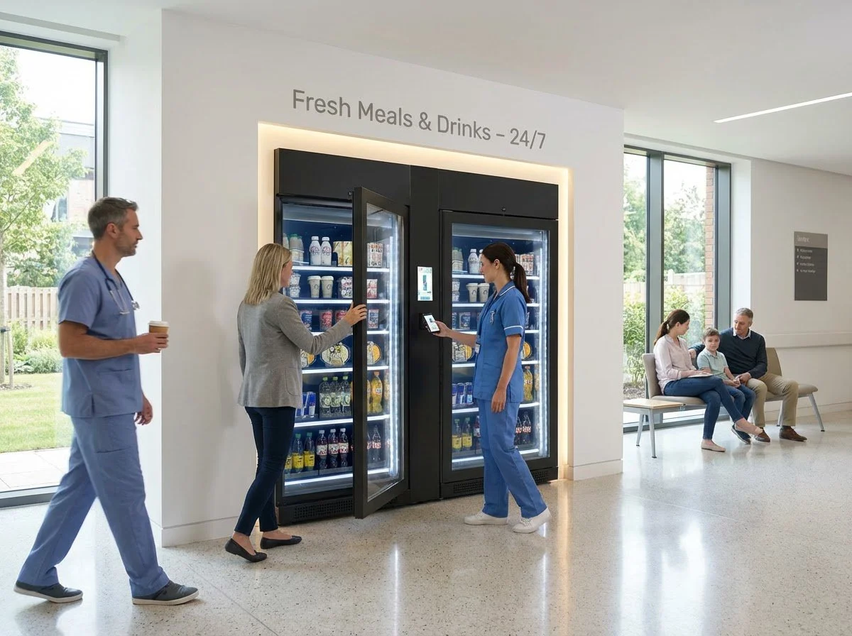A hospital waiting area with a vending machine for fresh meals and drinks open 24/7, with a nurse and a woman selecting an item, and a man in scrubs walking by holding a coffee.