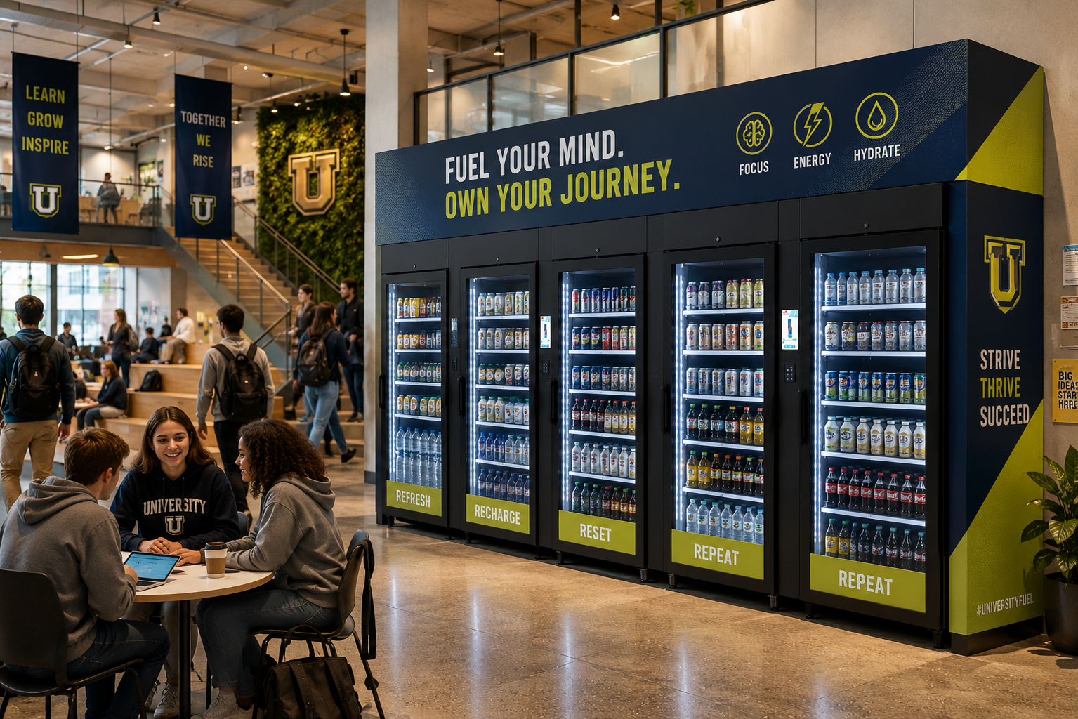 Vending machines with beverages in a modern university lobby, with students sitting and chatting at a table.