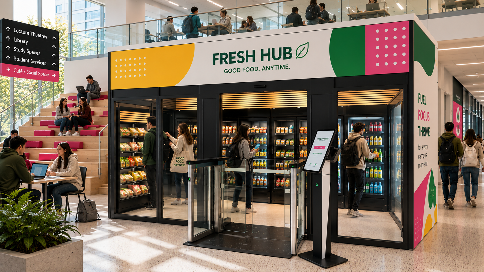 A food vending kiosk named 'Fresh Hub' inside a large modern campus building, with students and visitors nearby. The kiosk offers various refrigerated drinks and snacks. There are stairs with seating and students in the background, with signs pointin